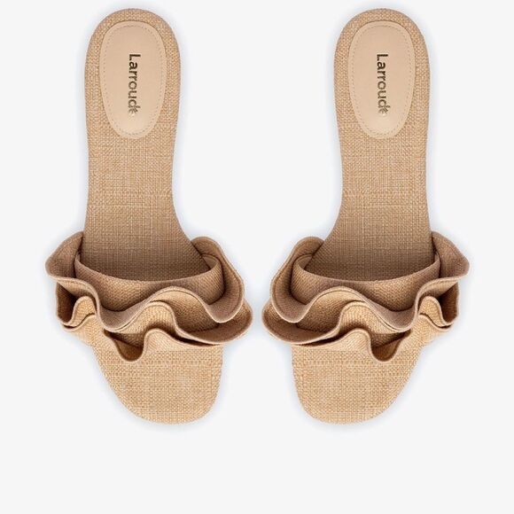 Larroude Shoes - Larroudé Ivy Ruffle Flat Mule In Beige Raffia